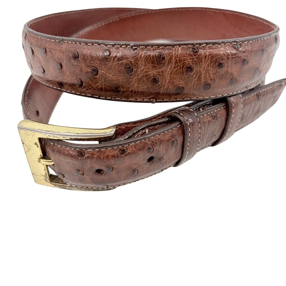 Zelli Genuine Ostrich Mens Sz Belt Brown Old Money Luxury Italian Brass Buckle
